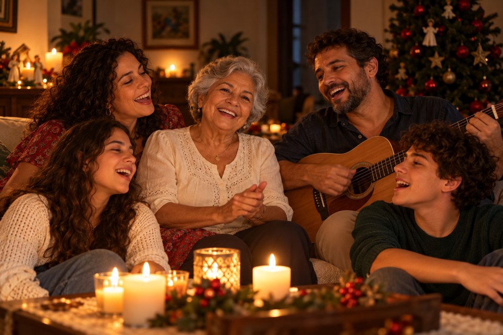 Família cantando junto ao violão, à luz de velas — cena fictícia